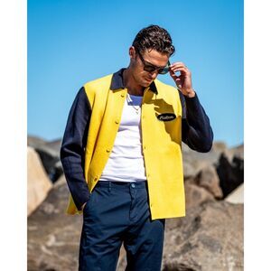 NWT Malbon Golf Sz L Mens Heritage Button Down Sweater Cardigan Marigold Navy